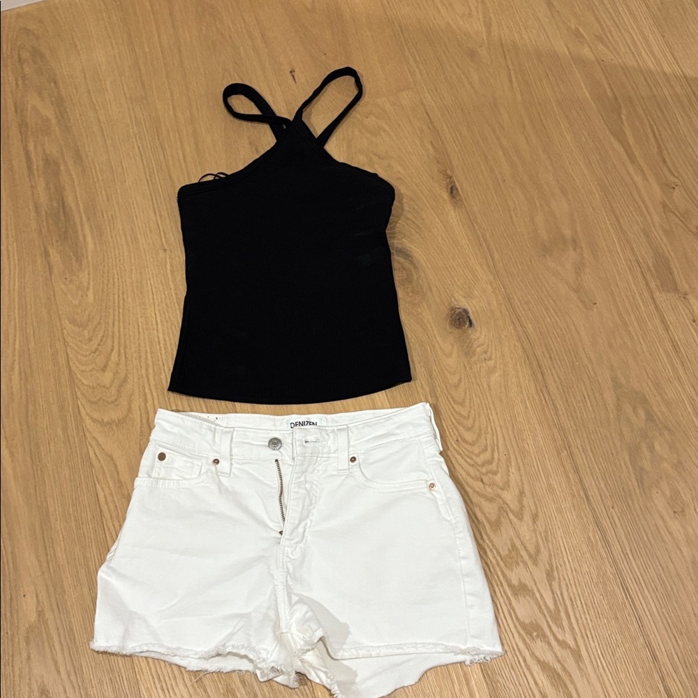 Levi's White High Rise Denim Shorts with black top